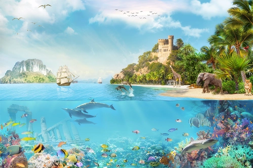 море, детские, подводный мир, рыбы, корабль, дельфины, синий, желтый, зеленый, голубой, водоросли, медуза, замок, пальмы, жираф, слон, животные, кораллы, чайки, небо