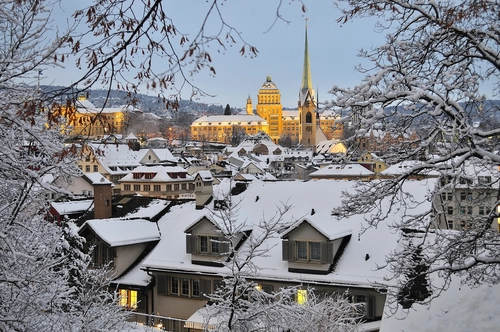 снег, зима, природа, город, крыши, серые, желтые, швейцария