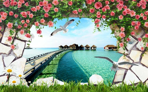 море, мост, пляжные домики, цветы, розы, чайки