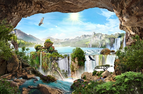 грот, пещера, камни, ущелье, скала, арка, орел, сокол, ястреб, птицы, водопад, деревья, лес, голубые, зеленые, коричневые