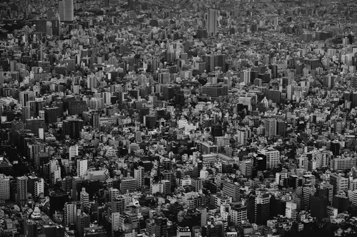город, мегаполис, высотки, небоскрёбы, дома, вид сверху, серые