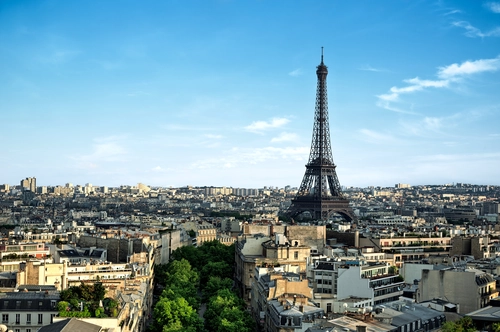 Париж, Франция, Эйфелева башня, архитектура, дома, бежевые, синие, день, зеленые