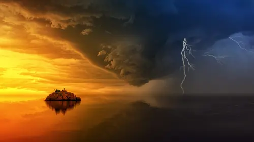 молния, остров, вода, отражение, буря, торнадо, оранжевые, синие,