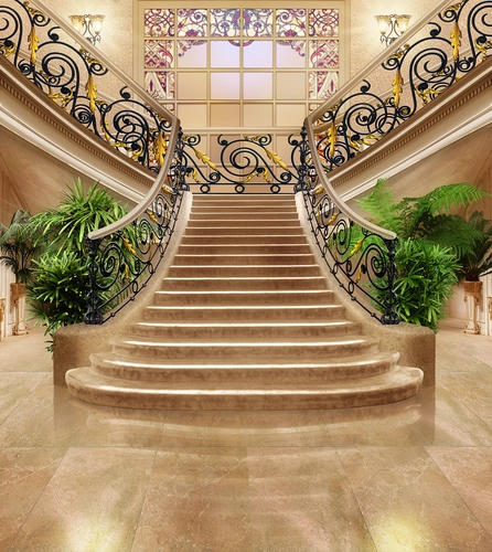лестница, холл, интерьер, цветы, зеленые, коричневые, HD