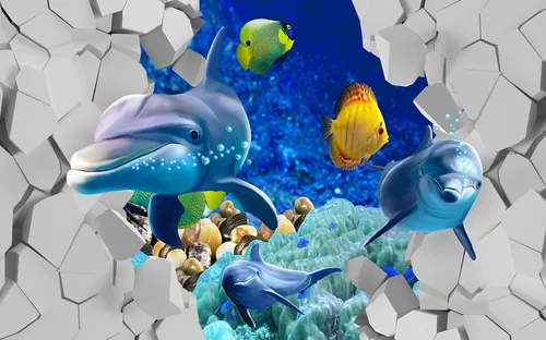 3D стена, подводный мир, дельфины, рыбы, для ванной, голубые, синие, серые