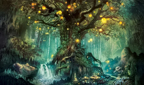 детские, фентези, лес, волшебное дерево, огненные шары, зелённые, жёлтые, серые