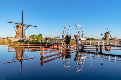 Нидерланды, мосты, канал, Заансе Сханс Милл, мельницы, река, синие, голубые
