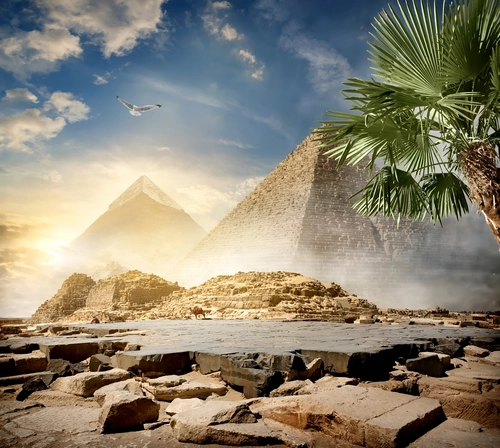 египет, пирамиды, развалины, небо, глыбы, синие, коричневые, зелёные