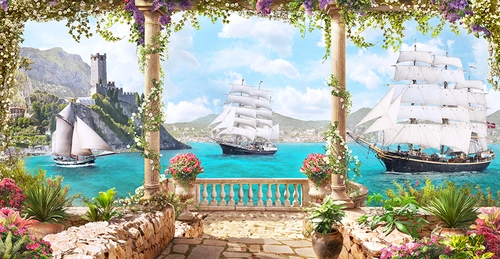 корабль, парусник, фрегат, замок, арка, колонны, столб, горы, гора, цветы, зелень, растительность, голубые, зеленые, бежевые