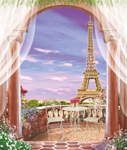 Париж, Эйфелева башня, стулья, стол, колоны, балкон, цветы