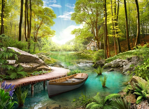 лес, озеро, пруд, река, речка, лодка, мост, мостик, солнце, свет, лучи, пейзаж, зеленые, голубые