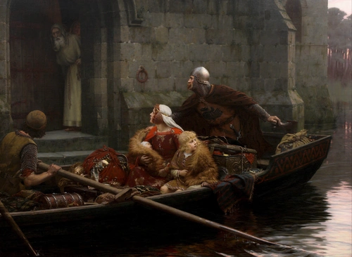 лодка, канал, средневековье, картина, живопись, серые, черные, красные