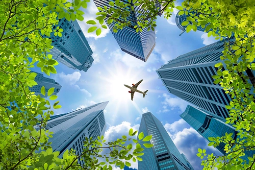 небо, потолок, потолочные, самолет, транспорт, высотки, небоскреб, растительность, зелень, листья, голубые, зеленые