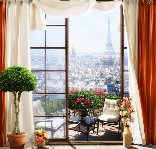 париж, эйфелева башня, балкон, город, дома, стеклянная дверь, цветы, белые, коричневые