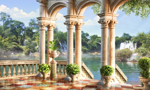 колоннада, ваза, озеро, водопад, зеленые, бежевые, голубые, HD