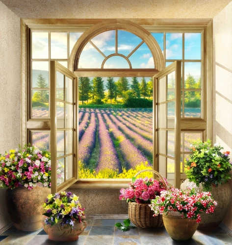 окно, поле, деревья, цветы, небо, пашня, бежевые, розовые, зелёные