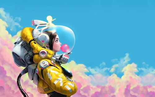 арт, фантастика, космическая девушка, астронавт, жевательная резинка, облака, голубые, розовые, жёлтые
