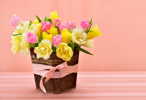 букет, цветы, тюльпаны, желтые, розовые