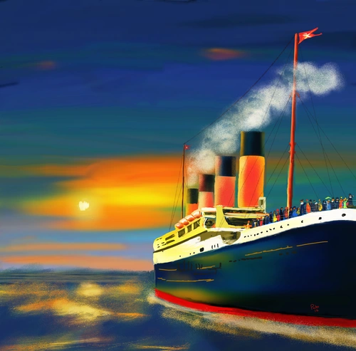 пароход, корабль, океан, закат, черные, картина, синие оранжевые, желтые