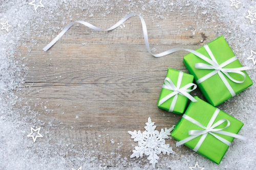 подарки, доска, снег, зима, новый год, праздник, зеленые, коричневые, белые