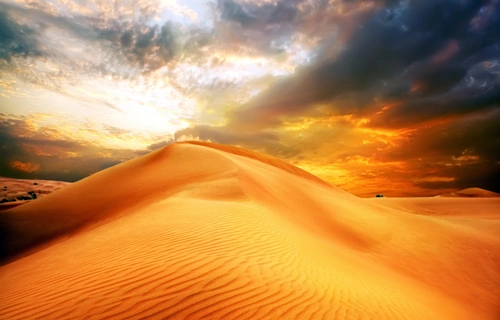 небо, облака, утро, песок, пустыня, холмы, оранжевые