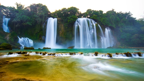 реки, водопад, деревья, джунгли, камни, голубые, зеленые, белые, жёлтые
