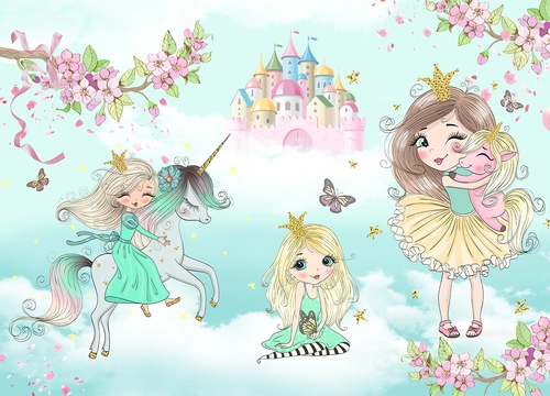 принцессы, HD, единорог, замок, детские, для девочек, бирюзовые, желтые, розовые