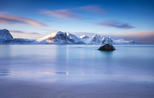 Норвегия, горы, Лофотенские острова, пляж Хаукланд, голубые, синие