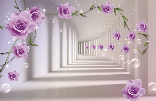 3d, 3д, цветок, цветы, перспектива, тоннель, коридор, зеленый, фиолетовый, тень
