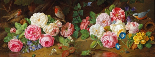 панорама, цветы, птицы, красный, розовый, белый, оранжевый, коричневый, бежевый, розы, пионы, лягушка, бабочка