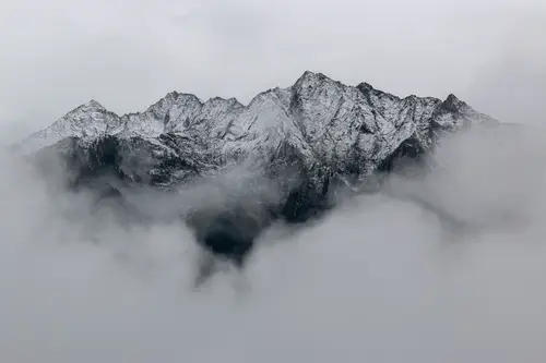 черно-белые, горы, вершины гор, туман