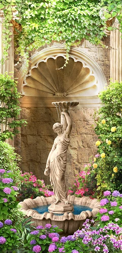 фонтан, статуя, цветы, вода, зелень, растительность, бежевые, зеленые