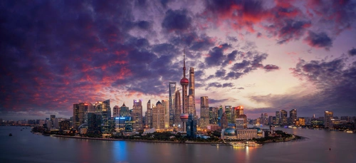 небоскребы, река, Китай, Шанхай, вечернее небо, фиолетовые