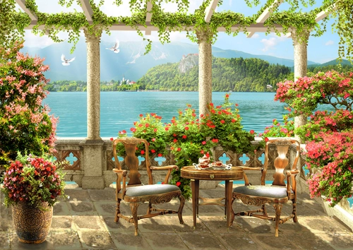 балкон, столик, цветы, небо, море, колонны, горы, зелёные, бежевые