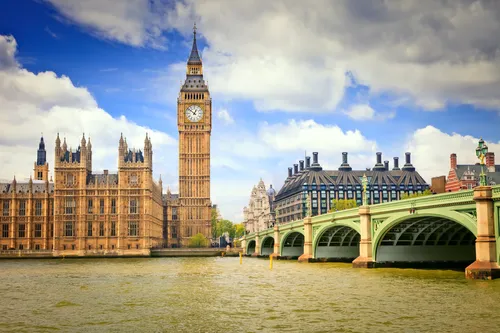 лондон, биг бен, мост, река, архитектура, здания, небо, зелёные, бежевые, голубые