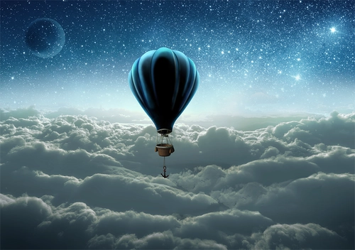 воздушный шар, небо, облака, звёзды, планета, якорь, синие, голубые