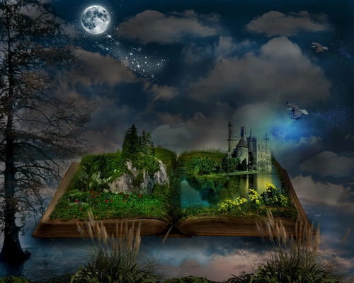 арт, фэнтези, книга, ночь, замок, луна, синие, зеленые, черные