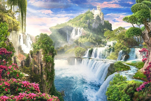 горы, гора, лес, замок, обрыв, водопад, деревья, зелень, цветы, растительность, голубые, синие, зеленые