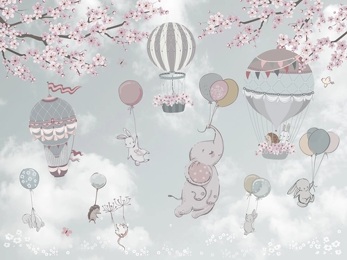 слоны, зайцы, воздушные шары, HD, детские, животные, зеленые, серые, розовые, коричневые