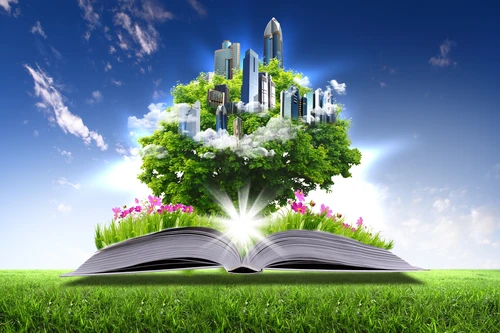 книга, город, цветы, трава, дерево, зелёные, голубые, синие