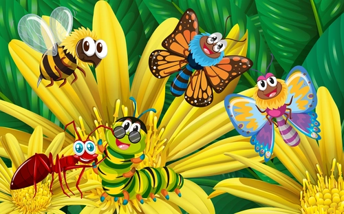 детские, насекомые, цветы, бабочки, пчела, гусеница, муравей, жёлтые, зелёные