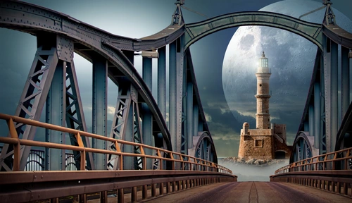 мост, луна, башня, маяк, железо, небо, туман, серый, серые, коричневый, коричневые, камень
