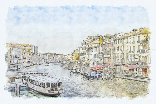 город, река, венеция, дома, лодки, желтый, желтые, голубой, голубые, коричневый, коричневые, белый, белые, рисованные