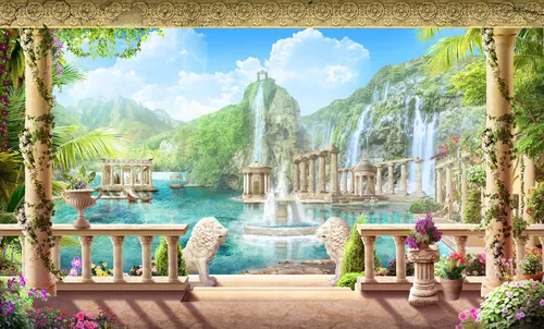 терраса, вид, колонны, эксклюзивные, облака, голубые, бежевые, зеленые, бассейн, фонтан, фонтаны, водопад, водопады, лев, статуя