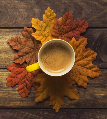 чашка, кофе, листья, осень, коричневые, бежевые