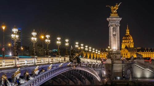 Франция, скульптуры, мост Александра III, ночь, огни, чёрные