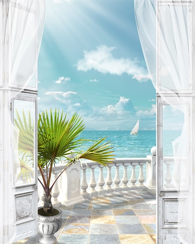 балкон,  море, небо, растение в горшке, выход, перила, белые, голубые, зелёные