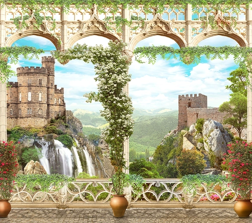 балкон, вид из окна, водопад, растительность, замок, зелень, цветы, ограждение, камни, бежевые, зеленые