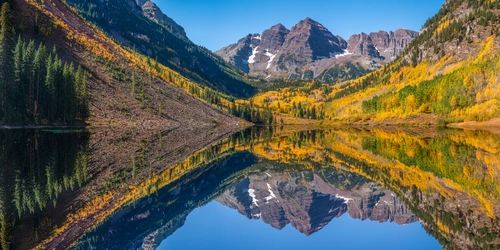 Горы, США, озеро, осенняя панорама, отражение, жёлтые, голубые