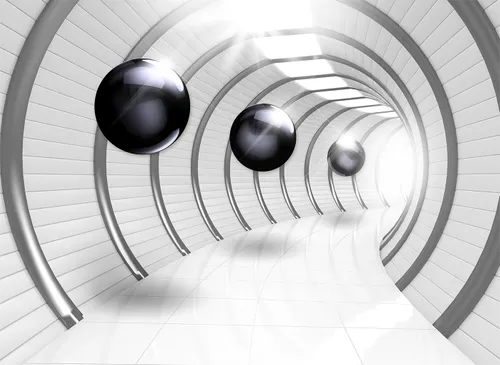 3d, 3д,  шары, круги, коридор, перспектива, тоннель, черный, белый, серый, арка